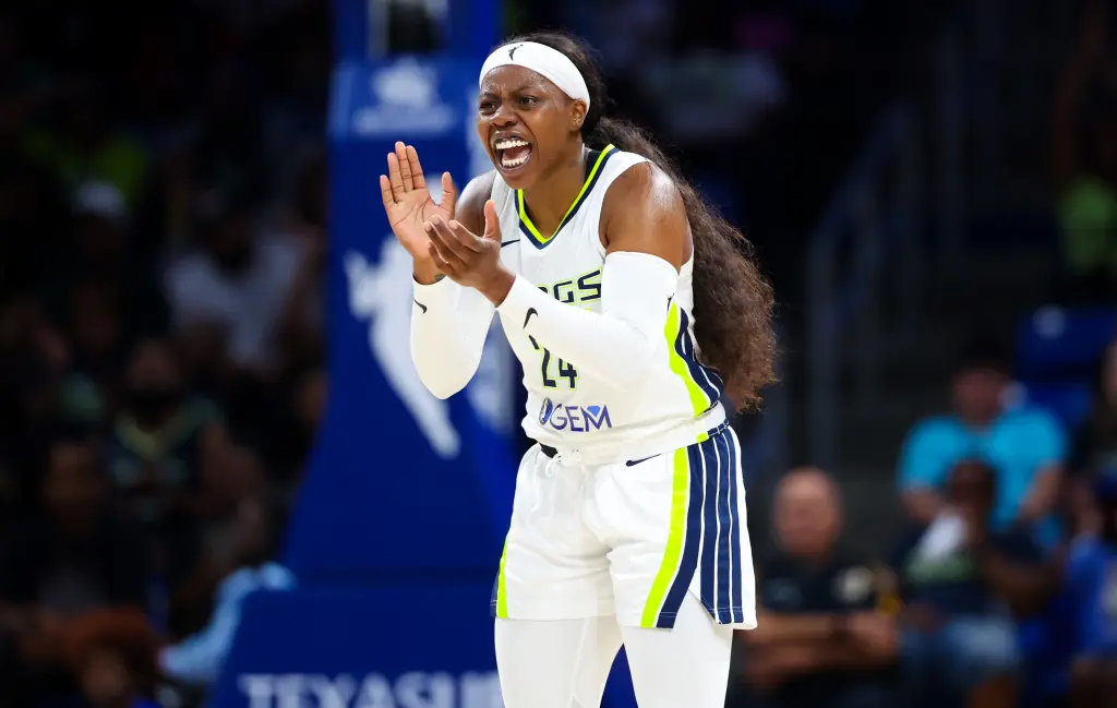 Dallas Wings guard Arike Ogunbowale (24) reacts during the first half against the Chicago Sky at College Park Center. Kevin Jairaj-USA TODAY Sports