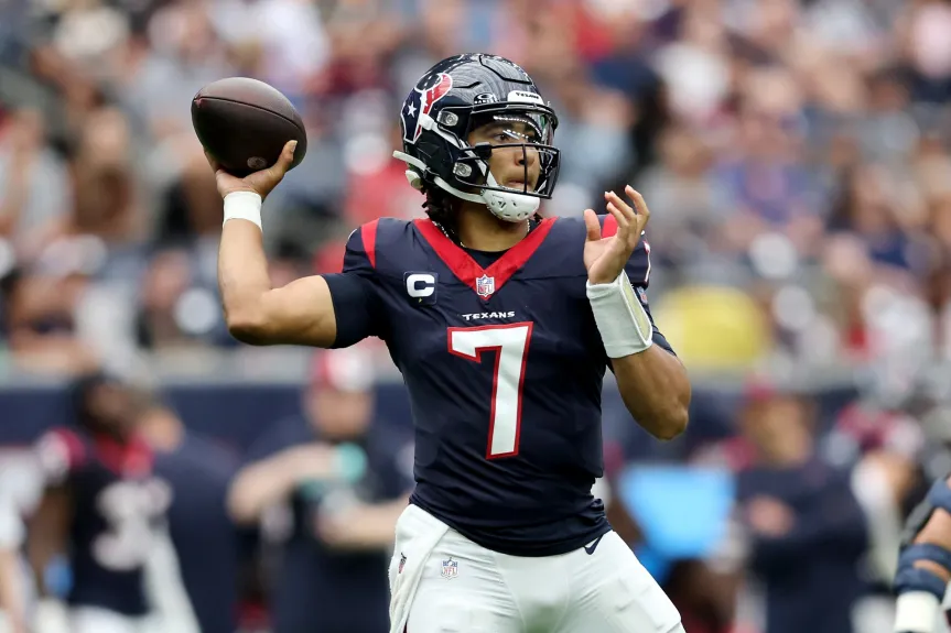 Quarterback C.J. Stroud of the Houston Texans throws a pass in the first half of a game against the Tampa Bay Buccaneers at NRG Stadium on November 5, 2023 in Houston, Texas. (Photo by Tim Warner/Getty Images)