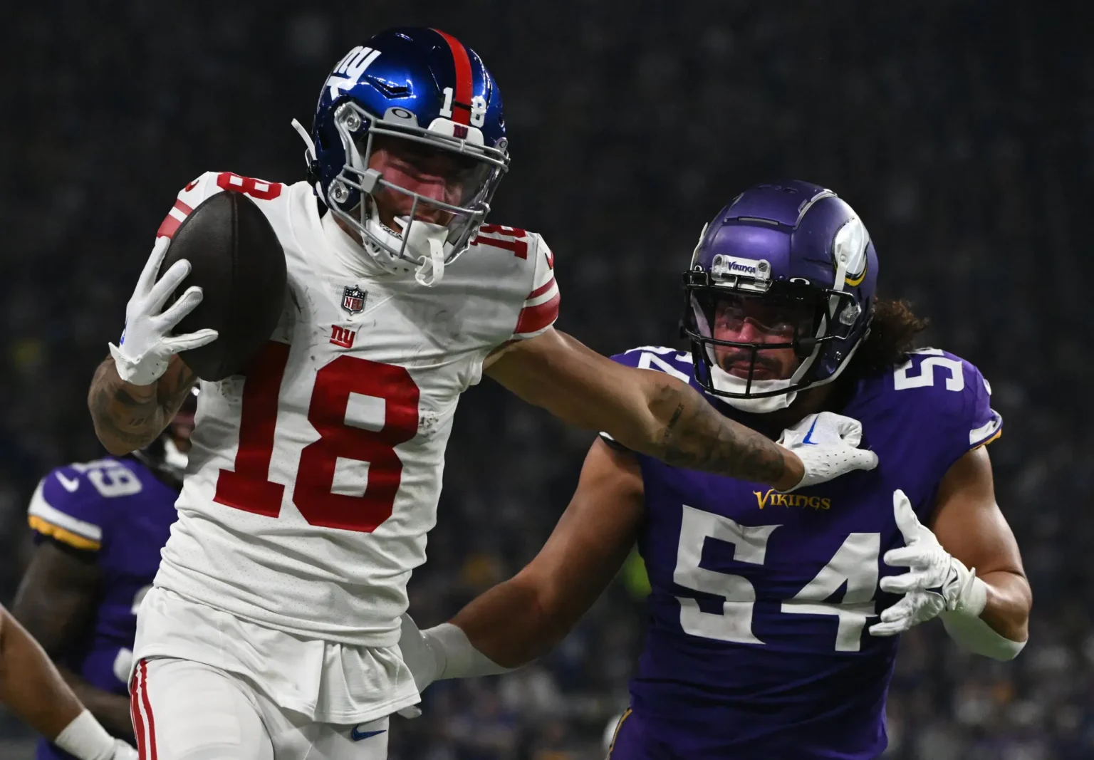 Giants receiver Isaiah Hodgins caught a third-quarter touchdown pass over the Vikings on Sunday.Credit...Stephen Maturen/Getty Images